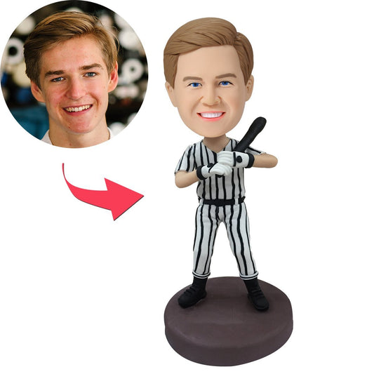 Personalised Striped Baseball Bobblehead - custom batsman in striped baseball suit with personalised head and engraved text on base, polymer clay keepsake