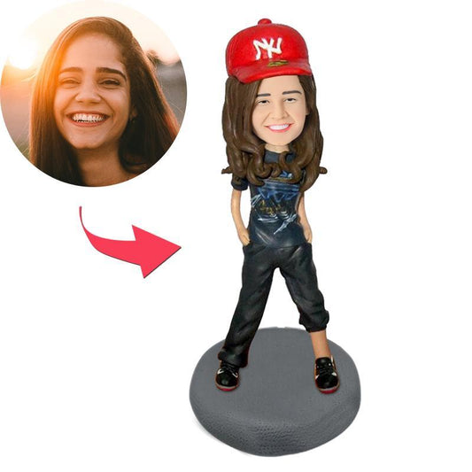 Personalised Hip Hop girl bobblehead with engraved text on the base, handmade polymer clay figure with custom head created from your photo — ideal personalised gift.