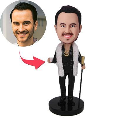 Millionaire personalised polymer clay bobblehead with engraved base and customised head matched to your photo — bespoke custom bobblehead gift with engraved text