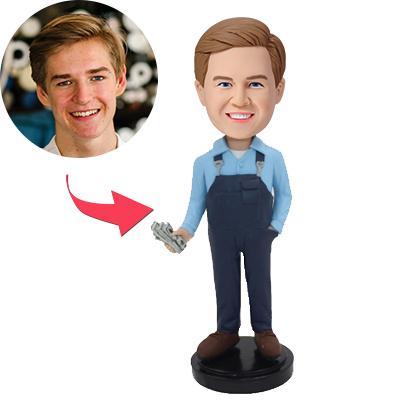 Salary Personalised Bobblehead with engraved text — handcrafted polymer clay figure, custom head matched to your photo, fixed body pose, ideal personalised desk gift