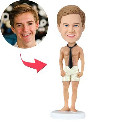 Custom bobblehead with engraved text on base, handcrafted polymer clay male figure with personalised head and hairstyle, perfect personalised gift for him