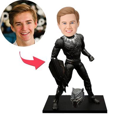 Personalised Black Panther bobblehead with custom sculpted head, full-body Marvel suit and engraved text on the base – premium polymer clay Marvel fan gift