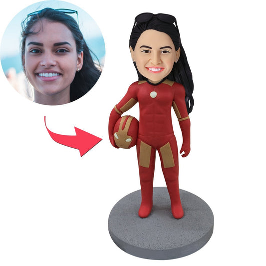 Custom Iron Man Bobblehead with personalised head on iconic Iron Man armour, premium polymer clay collectible — perfect personalised superhero gift for Marvel fans