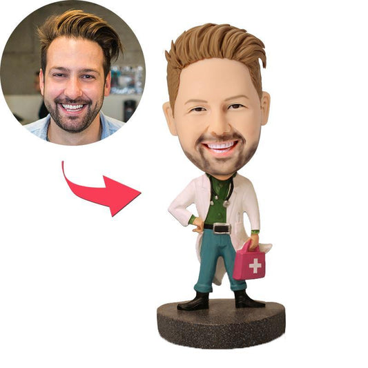 Custom doctor bobblehead polymer clay figurine holding a medical kit — personalised head with optional engraved text, ideal engraved doctor gift