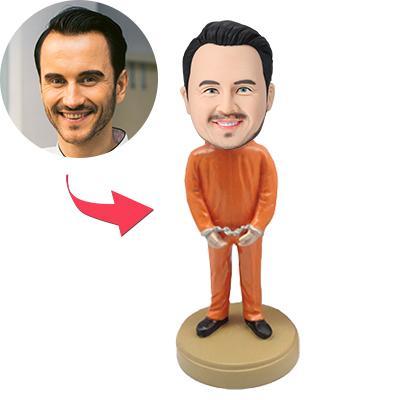Custom Prisoner Bobblehead with engraved text – personalised funny gift UK, handcrafted polymer clay figurine in prison uniform with customised sculpted head
