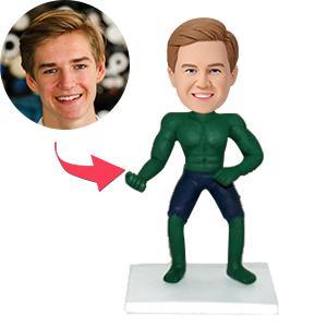 Custom Hulk Bobblehead with engraved text, personalised superhero gift in polymer clay with hand‑sculpted custom face, full standing front view