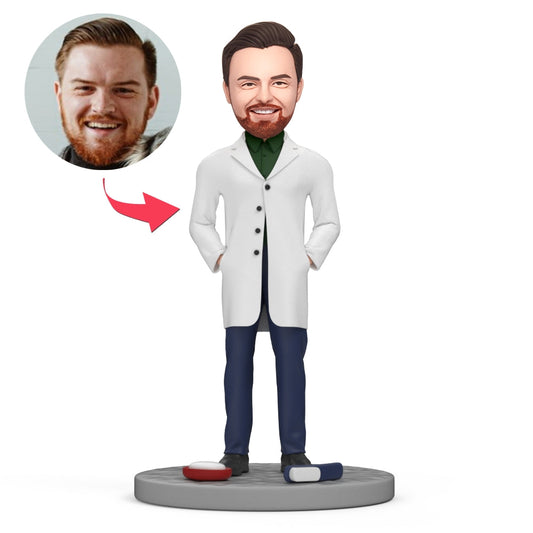 Handsome dentist personalised polymer clay bobblehead in dental uniform, front view with engraved base, perfect engraved dentist gift and custom dentist figurine