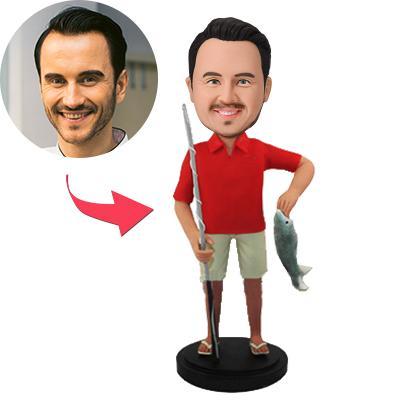 Personalised 'Go Fishing' man bobblehead — hand-crafted polymer clay custom fishing bobblehead with engraved text and personalised face from your photo, ideal personalised bobblehead gift for dad