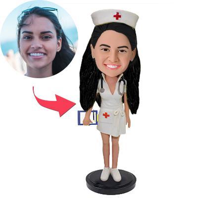 Personalised nurse bobblehead with engraved base – handcrafted polymer clay figurine in classic nurse uniform, customised head likeness