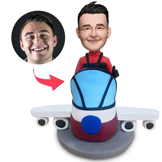 Personalised pilot with plane bobblehead – custom face from your photo, uniformed pilot on aircraft with engraved text option; polymer clay aviation gift