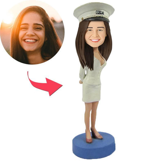 Personalised female captain bobblehead in polymer clay wearing a naval uniform, customised head modelled from your photo with engraved base — perfect personalised captain bobblehead gift