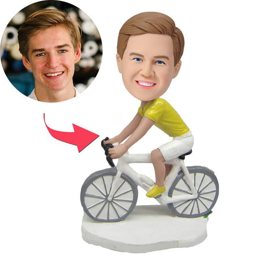 Handcrafted polymer clay Biker Ride custom bobblehead on motorcycle – personalised head from your photo with engraved text on the base, ideal personalised motorcycle gift