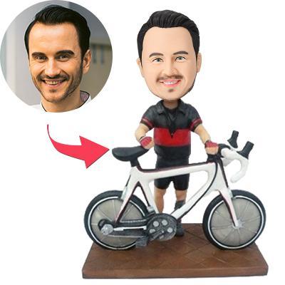 Biker with Bike personalised bobblehead in polymer clay – customised head on biker pose with detailed motorcycle and engraved base, ideal personalised gift for riders