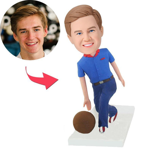 Personalised bowling player bobblehead with engraved text, polymer clay custom head on fixed bowling pose — perfect personalised face gift for dad, groomsmen and Father’s Day
