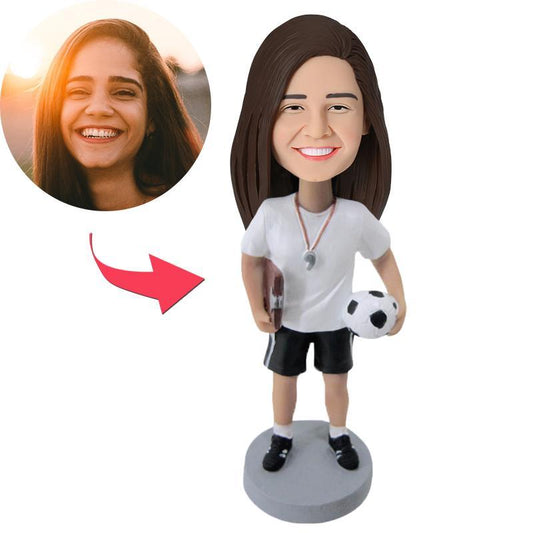 Personalised female coach bobblehead – full‑length polymer clay figure in sports attire with a customised head and engraved base, ideal personalised face gift and engraved coach bobblehead present for teachers or coaches