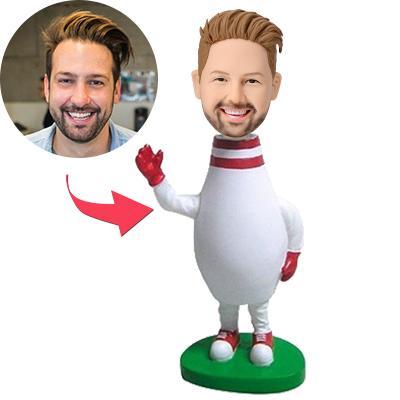 Personalised bowling pin bobblehead with custom face and engraved text – handcrafted polymer clay custom bobblehead gift for bowlers