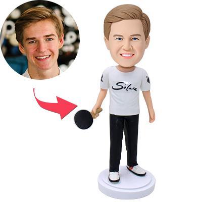 Front view of Ping Pang table-tennis player personalised bobblehead in polymer clay, customised head with clear likeness and engraved base showing name — personalised bobblehead, custom bobble head with engraved text, ideal personalised gift