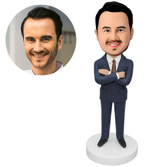 Personalised businessman employee trophy bobblehead with engraved base – polymer clay figurine in suit with custom head and nameplate, ideal corporate award and employee recognition gift