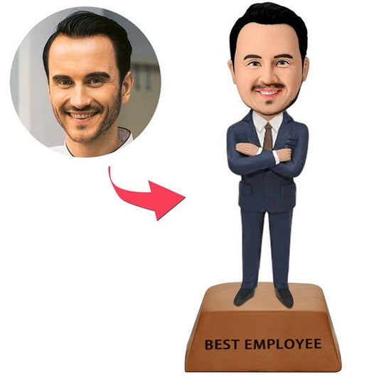 Personalised businessman employee trophy bobblehead with engraved base – polymer clay figurine in suit with custom head and nameplate, ideal corporate award and employee recognition gift