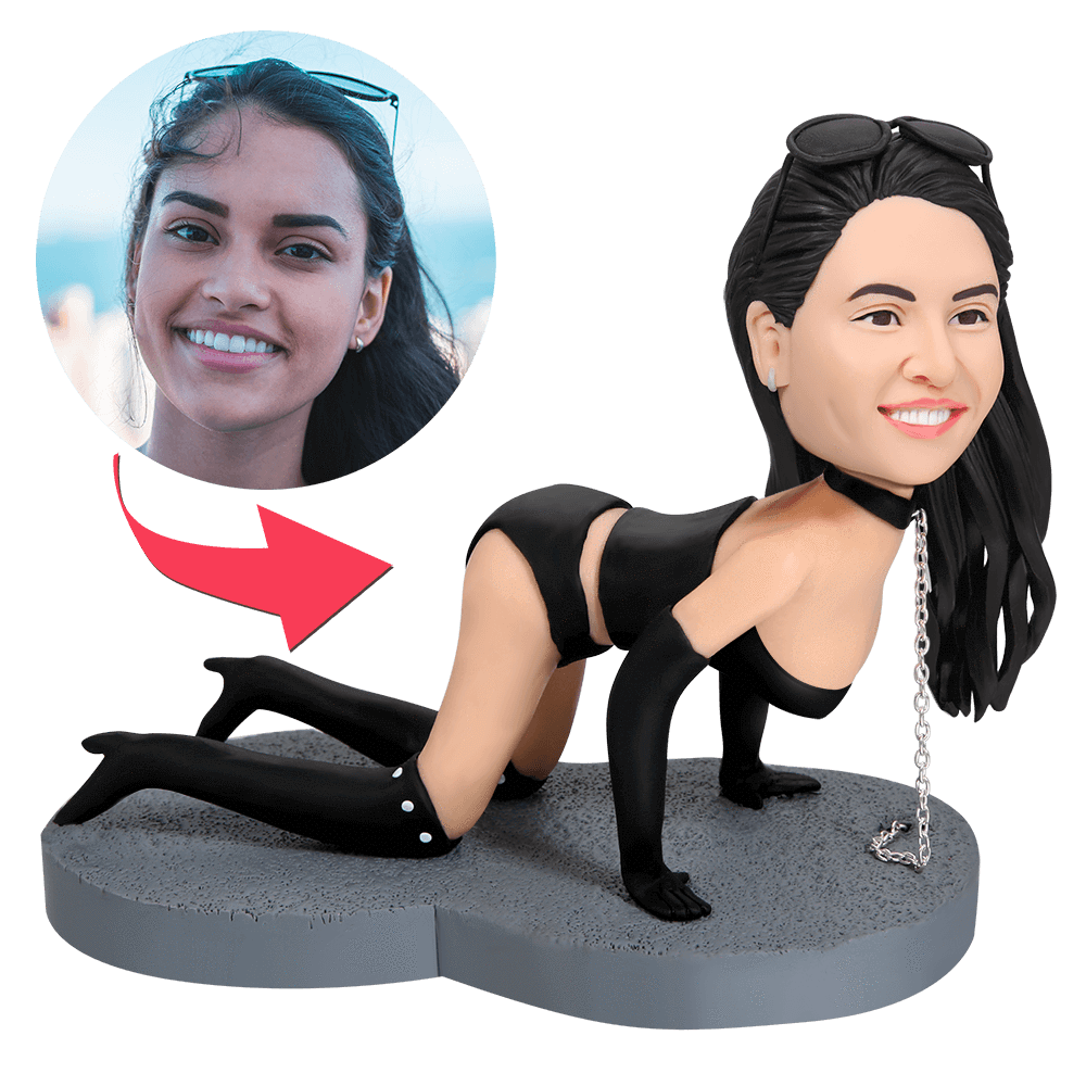 Sexy chain-up woman polymer clay bobblehead with engraved text on base — personalised bobblehead UK, custom bobble head figurine gift