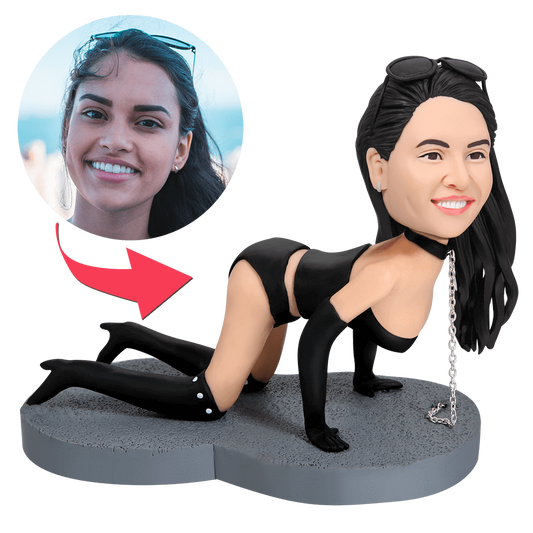 Sexy chain-up woman polymer clay bobblehead with engraved text on base — personalised bobblehead UK, custom bobble head figurine gift