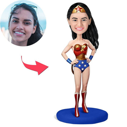 Custom Wonder Woman Bobblehead - personalised superhero gift with customised photo head on classic Wonder Woman stance and engraved text base