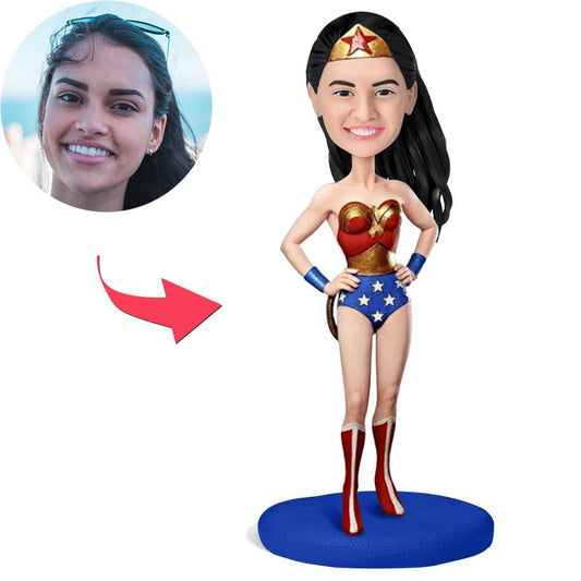 Custom Wonder Woman Bobblehead - personalised superhero gift with customised photo head on classic Wonder Woman stance and engraved text base