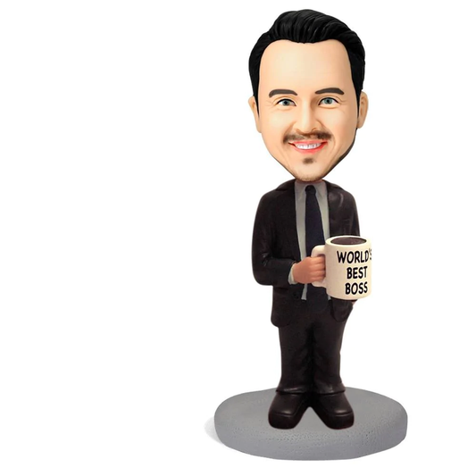 WORLD'S BEST BOSS personalised bobblehead with engraved base — handcrafted polymer-clay desk ornament with customised head sculpted from your photos, ideal manager gift