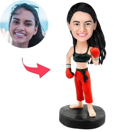 Female boxer custom bobblehead with engraved text on base, hand-sculpted polymer clay head — a personalised bobble head gift for boxing fans and coaches