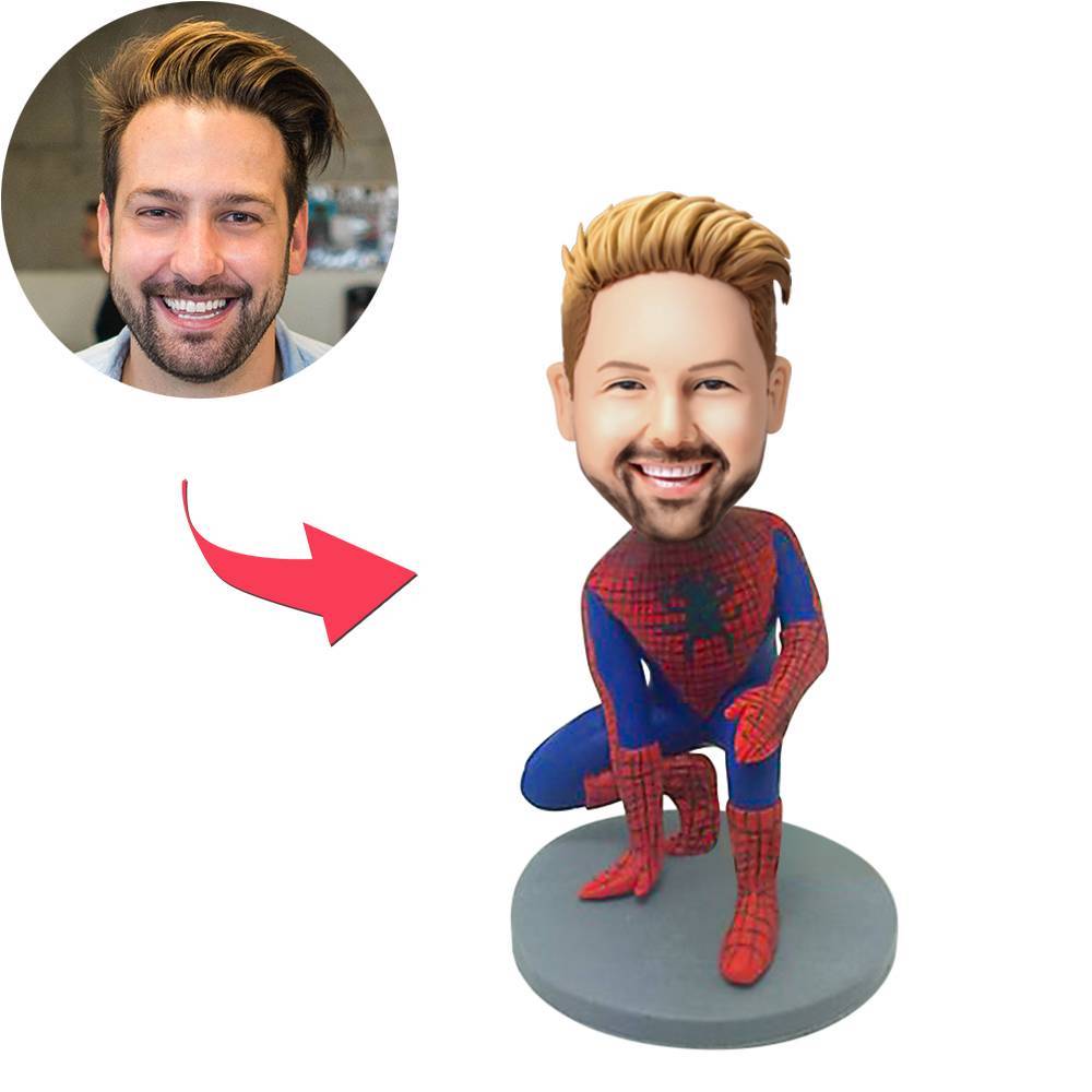 Personalised Spiderman bobblehead in polymer clay — customised head with chosen hairstyle and facial expression, engraved base for name or quote, unique superhero keepsake