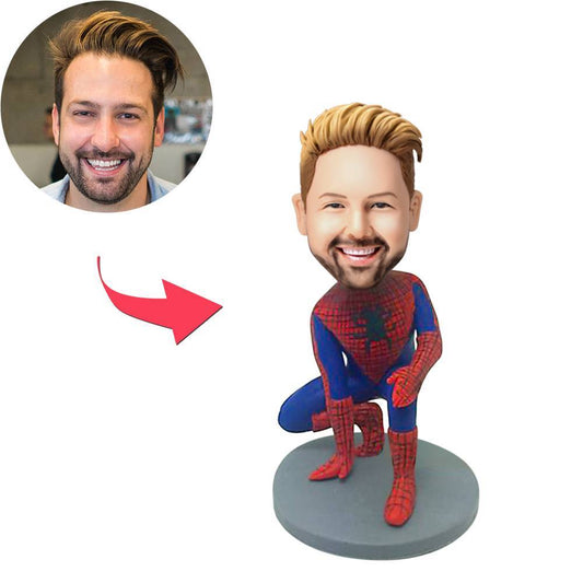 Personalised Spiderman bobblehead in polymer clay — customised head with chosen hairstyle and facial expression, engraved base for name or quote, unique superhero keepsake