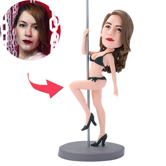 Personalised pole dancer custom bobblehead with engraved plaque, hand‑painted polymer clay keepsake with a custom head made from your photo — ideal personalised gift or novelty present
