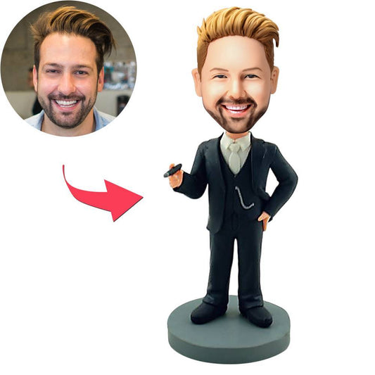 Personalised ‘Carrying a Cigarette’ bobblehead with engraved base – handcrafted polymer clay figurine, custom head modelled from your photo, ideal novelty or groomsmen gift