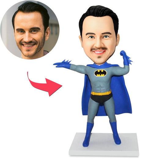 Personalised Flight Batman bobblehead – polymer clay superhero figurine with custom photo head and engraved text, ideal personalised gift for Batman fans