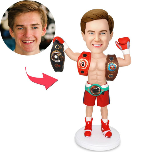 Personalised Boxing King custom bobblehead in polymer clay wearing boxing gloves with engraved text on the base — ideal personalised gift for birthdays, anniversaries and sports fans
