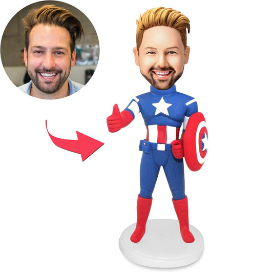 Captain America personalised bobblehead — handcrafted polymer clay figurine with custom engraved text on base; personalised head made from your photo, ideal gift for fans and collectors