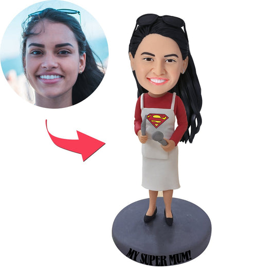Personalised 'My Super Mum' polymer clay bobblehead – hand-finished custom mum figurine with short hairstyle bobble head, red superhero cape and personalised engraved name plaque, perfect gift for Mum
