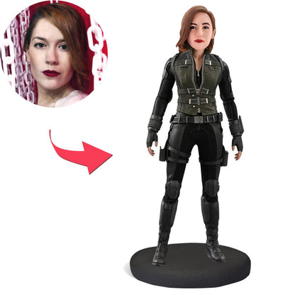 Black Widow inspired personalised polymer clay bobblehead with engraved base and custom head likeness — ideal personalised bobblehead UK or custom bobblehead Australia gift