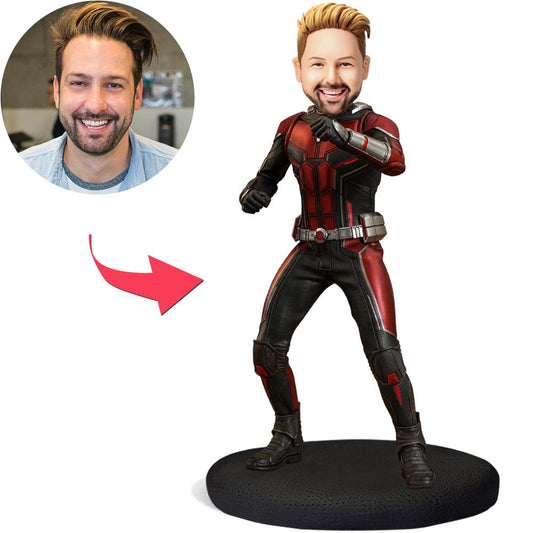 Ant-Man personalised custom bobblehead (polymer clay) — front view showing personalised head, fixed body pose and engraved base with custom text, ideal personalised gift for fans