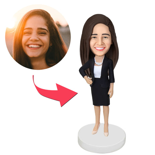 Office Lady personalised bobblehead – custom face figurine with engraved text, handmade polymer clay office desk ornament perfect as a personalised bobblehead gift