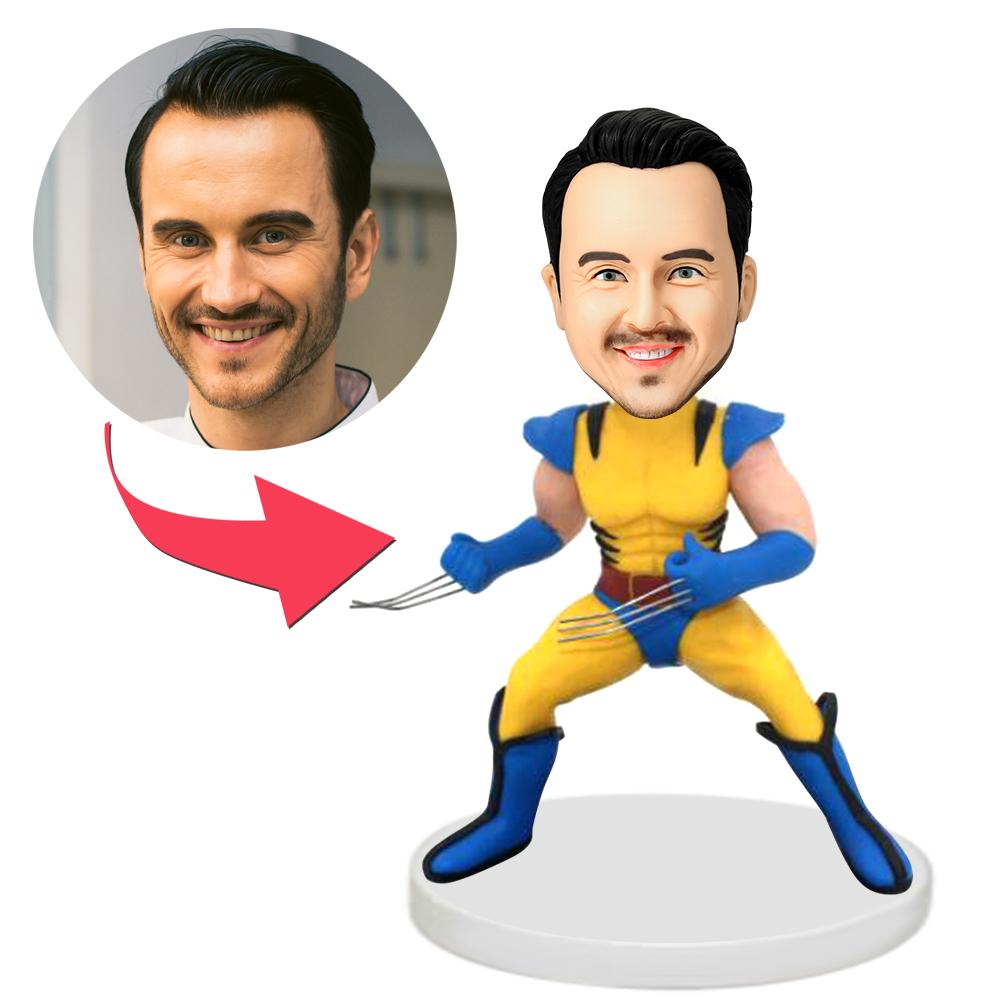 Wolverine personalised bobblehead in polymer clay with customised head and engraved name plaque