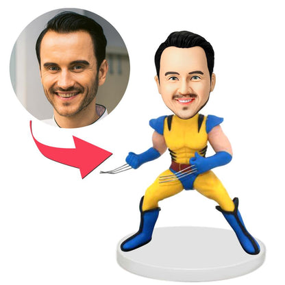 Wolverine personalised bobblehead in polymer clay with customised head and engraved name plaque