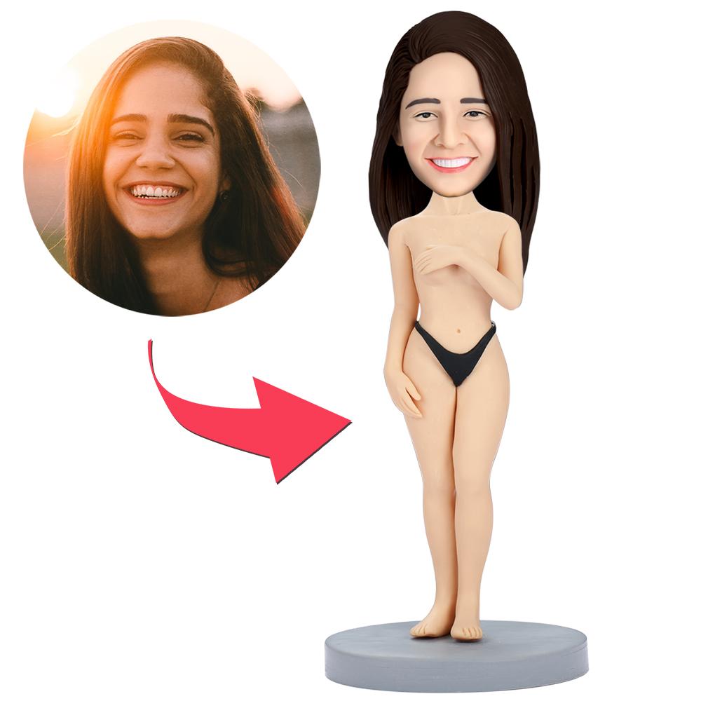 Personalised polymer clay naked woman bobblehead with engraved base text — custom head modelled from your photo, novelty personalised keepsake gift