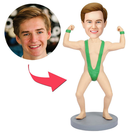 Personalised mankini bobblehead with engraved text on base — hand-sculpted polymer clay figurine with customised head from your photo, ideal novelty gag gift