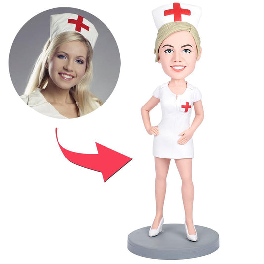 Personalised sexy nurse bobblehead in white uniform, polymer clay personalised nurse figurine with engraved text on the base — custom nurse bobblehead gift for medical staff