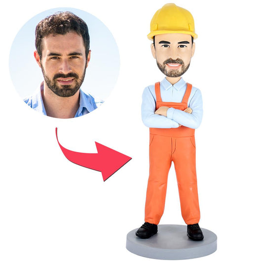 Builder Construction Worker Custom Bobblehead with personalised head and engraved base — premium polymer clay figurine in hard hat and hi‑vis vest, ideal personalised gift for builders
