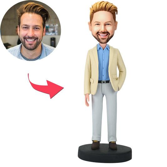 Front view of a businessman personalised bobblehead with custom head likeness in a smart suit and personalised engraved base — ideal businessman custom bobblehead and engraved bobblehead gift for corporate keepsakes