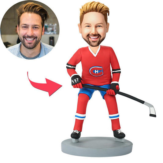 Montreal Canadiens personalised hockey bobblehead in polymer clay with custom head matched to your photo and engraved base – perfect fan gift for the UK and Australia