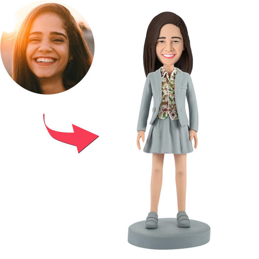Custom PUBG-inspired female bobblehead with engraved base — personalised photo-based head on polymer clay gaming figurine, perfect engraved keepsake for gamers and collectors in Australia and the UK
