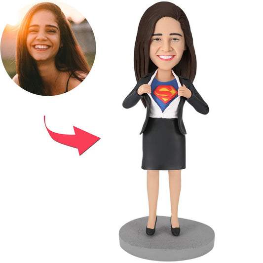 Personalised Office Superwoman bobblehead with engraved text on base, polymer clay desk figure with custom head — ideal Mother's Day gift